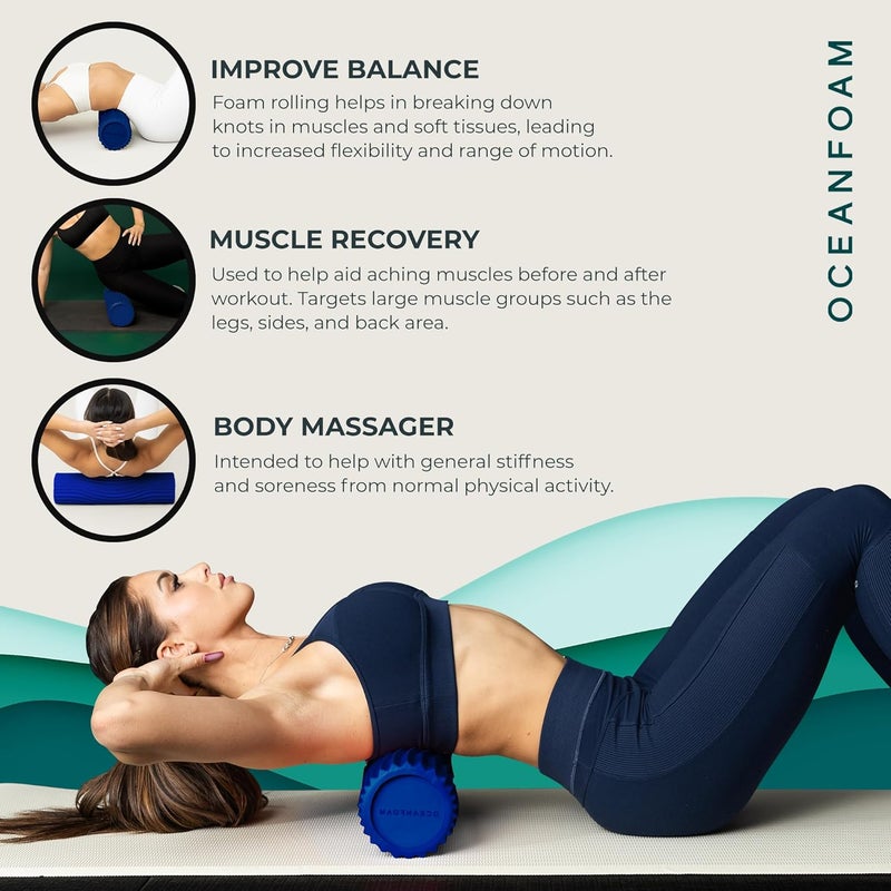 Oceanfoam Tidal Roller - Royal Blue - Muscle Massage Foam Roller for Back Pain & Stretching - Firm and Ergonomic Wide Wave Textured - Yoga, Athletics, & Wellness - Full Size, 20" x 5" - Image 5